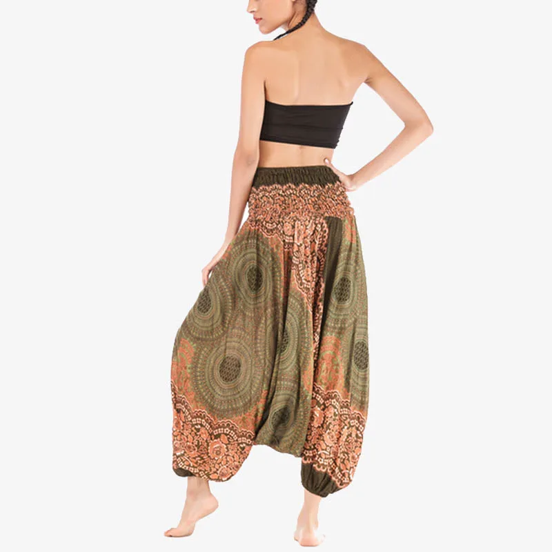 Mythstone Two Style Wear Round Geometric Pattern Loose Smocked Harem Trousers Jumpsuit High Waist Women's Yoga Pants - Image 39