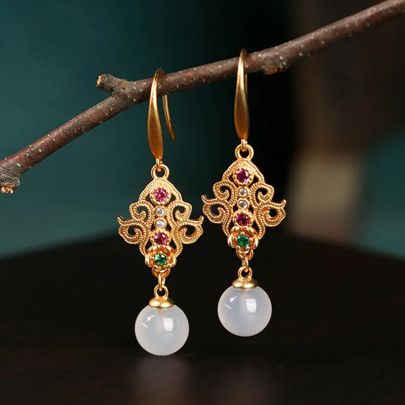 Mythstone 24K Gold Plated Round Chalcedony Positive Dangle Drop Earrings - Image 4