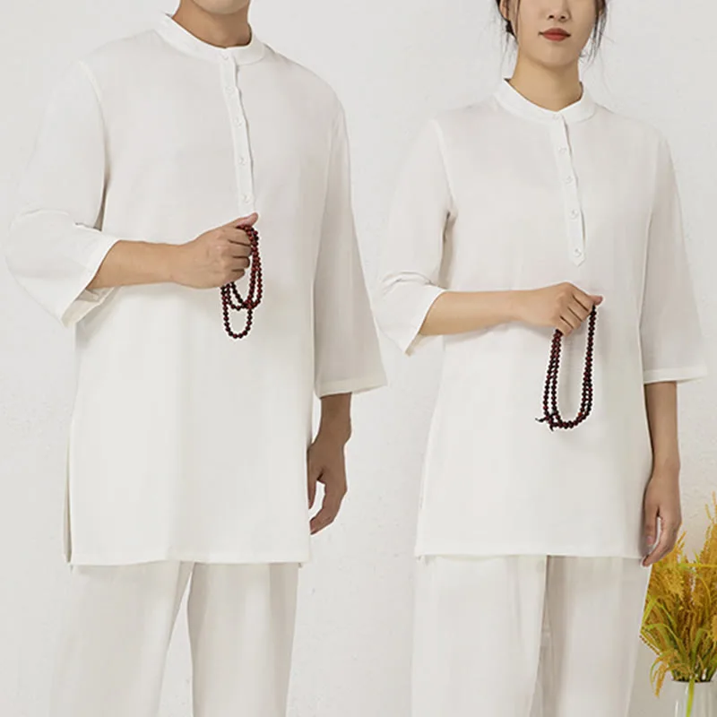 Mythstone 2Pcs Buttons Three Quarter Sleeve Shirt Top Pants Meditation Zen Tai Chi Cotton Linen Clothing Women's Set - Image 3