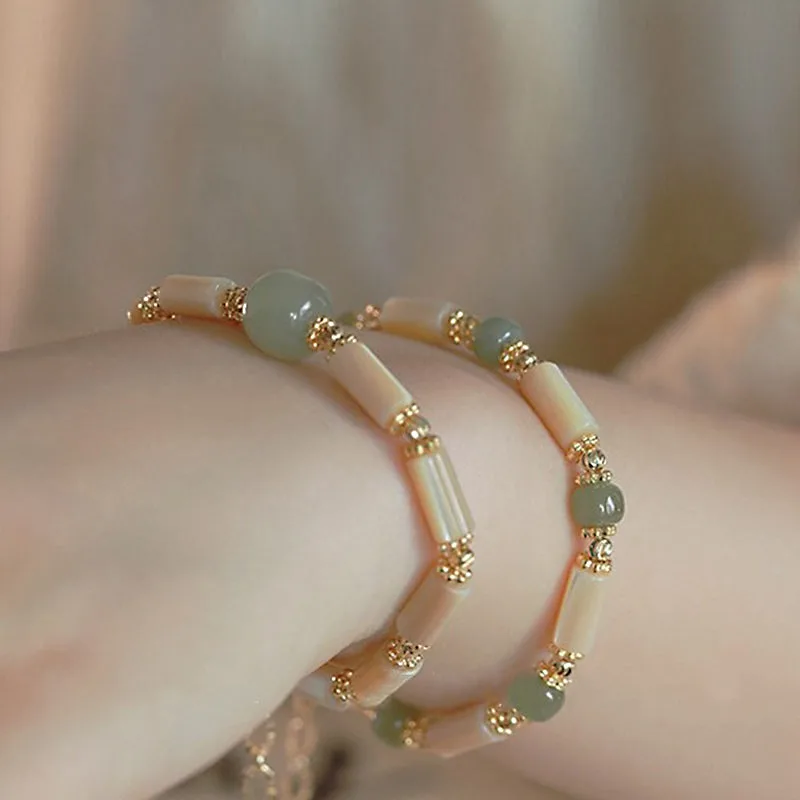 Mythstone 14K Gold Plated Tridacna Stone Hetian Jade Bead Bamboo Pattern Bracelet - Image 2