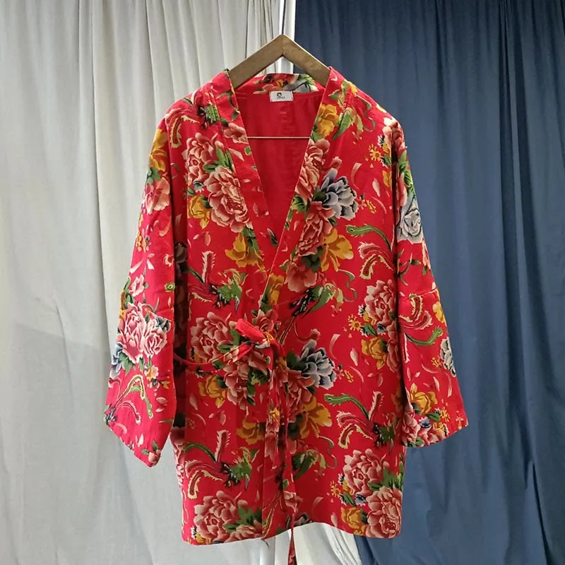 Mythstone Ethnic Style Northeast Red Flower Peony Print Cotton Linen Lace Up Jacket - Image 16