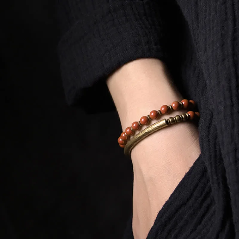 Mythstone Red Jasper Moss Agate Black Obsidian Crystal Copper Peace Couple Bracelet - Image 2