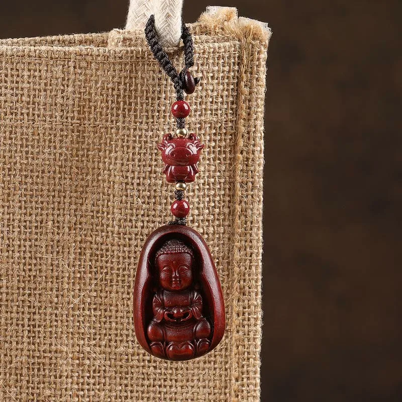 Mythstone Small Leaf Red Sandalwood Buddha Cinnabar Chinese Zodiac Amulet Protection Key Chain - Image 5