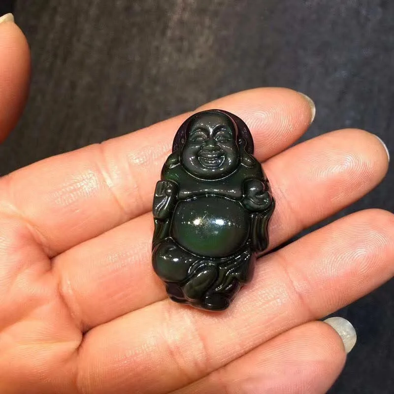 Natural Rainbow Obsidian Laughing Buddha Inner Peace Necklace Pendant - Image 8
