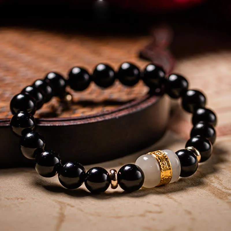 Mythstone Black Obsidian Jade Om Mani Padme Hum Strength Couple Magnetic Bracelet - Image 2