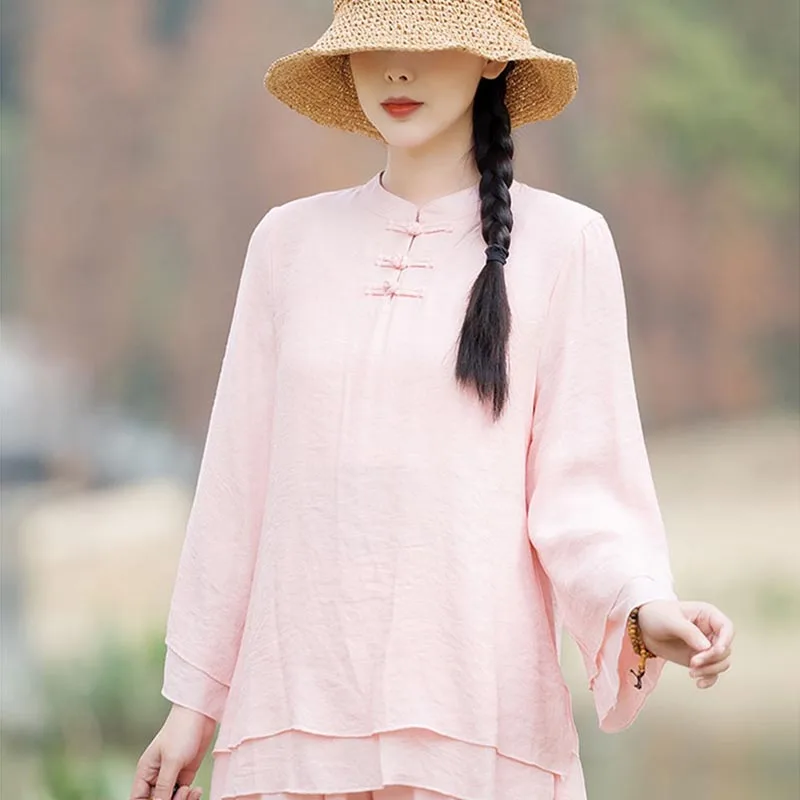 Mythstone 2Pcs Plain Design Top Pants Meditation Yoga Zen Tai Chi Cotton Linen Clothing Women's Set - Image 6