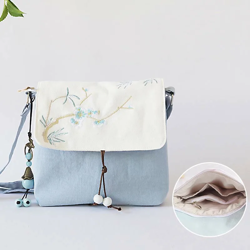 Mythstone Handmade Embroidered Plum Flowers Canvas Crossbody Bag Shoulder Bag Handbag - Image 2