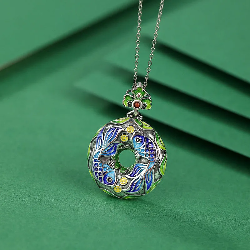 Mythstone - 990 Sterling Silver Koi Fish Copper Coin Peace Buckle Luck Wealth 925 Sterling Silver Necklace Pendant