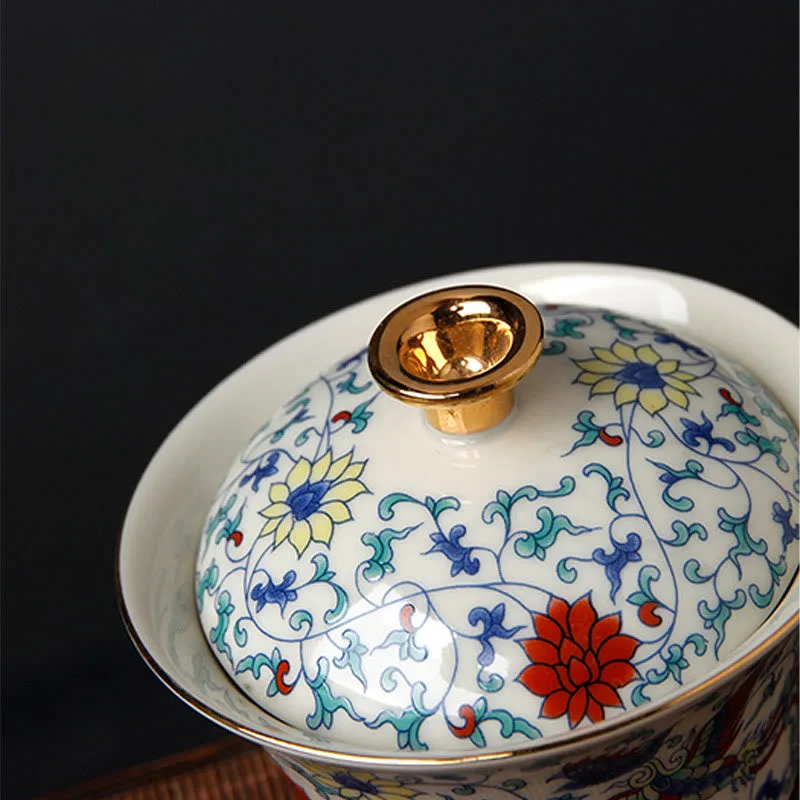 Mythstone Retro Plum Blossom Pine Bamboo Phoenix Kirin Ceramic Gaiwan Sancai Teacup Kung Fu Tea Cup and Saucer with Lid - Image 10