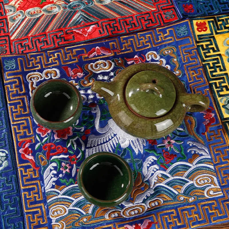 Mythstone Crane Phoenix Dragon Kirin Embroidered Cup Mat Pad Tea Cup Coaster Square Kung Fu Tea Mat - Image 3