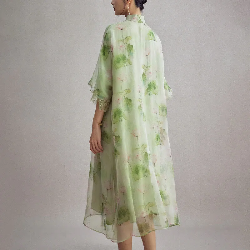 Mythstone 100% Mulberry Silk Organza Green Lotus Leaf Pink Lotus Print Qipao Cheongsam Dress - Image 3
