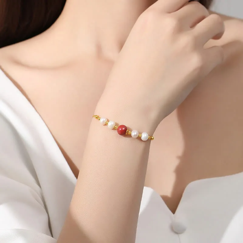 Mythstone 925 Sterling Silver Pearl Cinnabar Healing Bead Chain Bracelet - Image 3