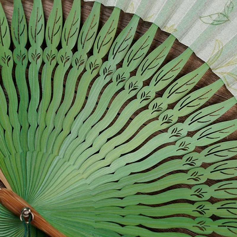 Mythstone Green Leaves Handheld Silk Bamboo Folding Fan - Image 4