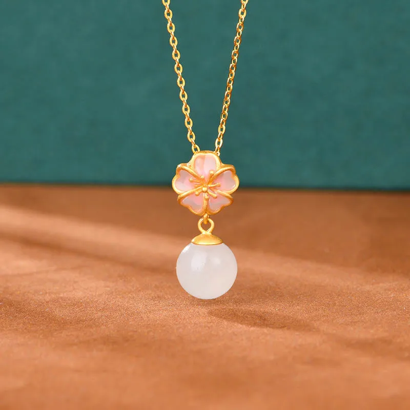 Mythstone 925 Sterling Silver Natural Hetian White Jade Cherry Blossom Sakura Luck Necklace Pendant Ring Earrings Set - Image 2