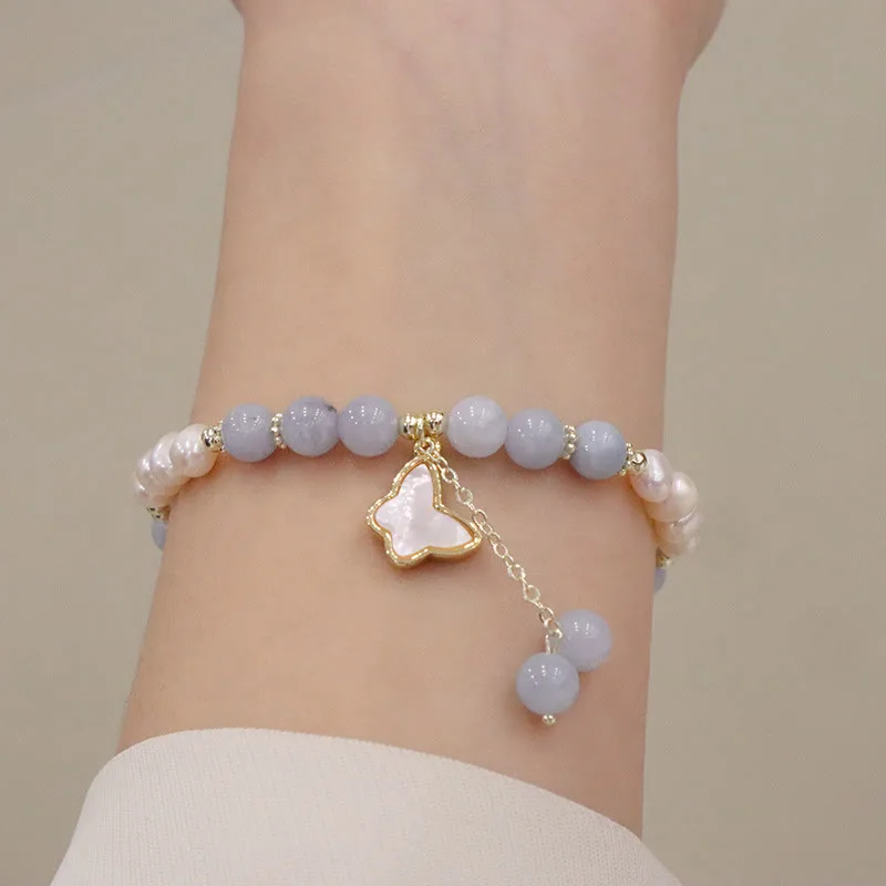 Mythstone Natural Aquamarine Pearl Healing Ginkgo Leaf Butterfly Charm Bracelet - Image 11