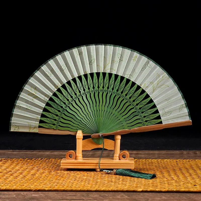Mythstone Green Leaves Handheld Silk Bamboo Folding Fan - Image 3