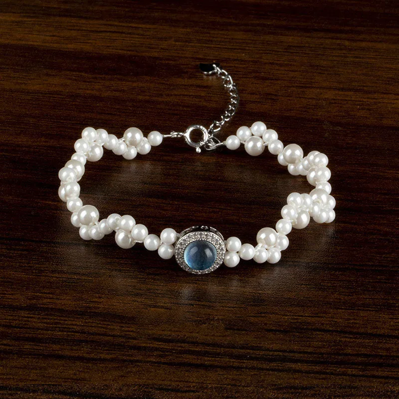 Mythstone 925 Sterling Silver Pearl Blue Chalcedony Healing Chain Bracelet Ring - Image 4
