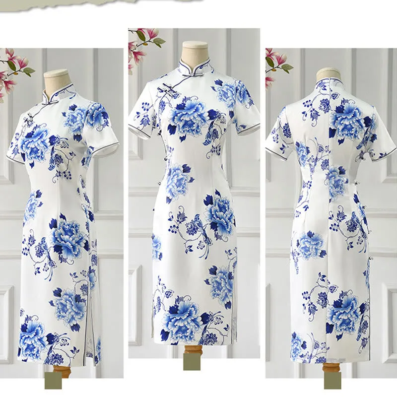 Mythstone Blue And White Porcelain Color Peony Flower Pattern Cheongsam Dress Women's Qipao Dress - Image 13