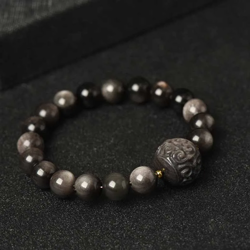 Mythstone Silver Sheen Obsidian Lotus Flower Nine Tailed Fox Laughing Buddha Protection Bracelet - Image 12