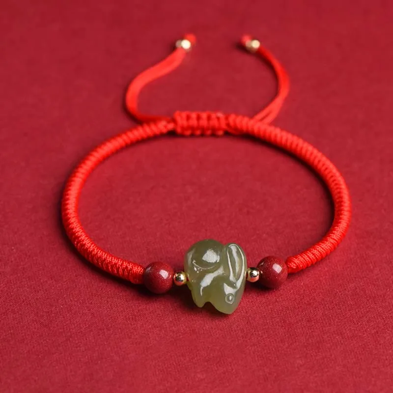 Year of the Rabbit Hetian Jade Bunny Cinnabar Beaded Abundance String Bracelet - Image 2