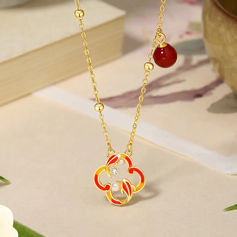 Mythstone - 925 Sterling Silver Four Leaf Clover Koi Fish Red Agate Pearl Wealth Bracelet Necklace Pendant Earrings Set - Image 3