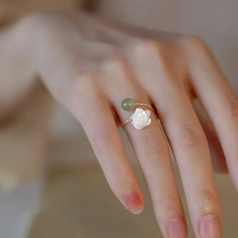 Mythstone 14K Gold Plated Tridacna Stone Rose Flower Jade Bead Blessing Ring - Image 7