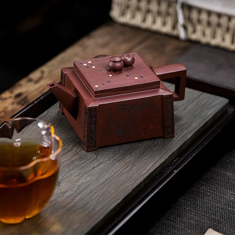Mythstone Yixing All Handmade Gomoku Playing Chess Purple Clay Kung Fu Square Teapot 280ml - Image 27