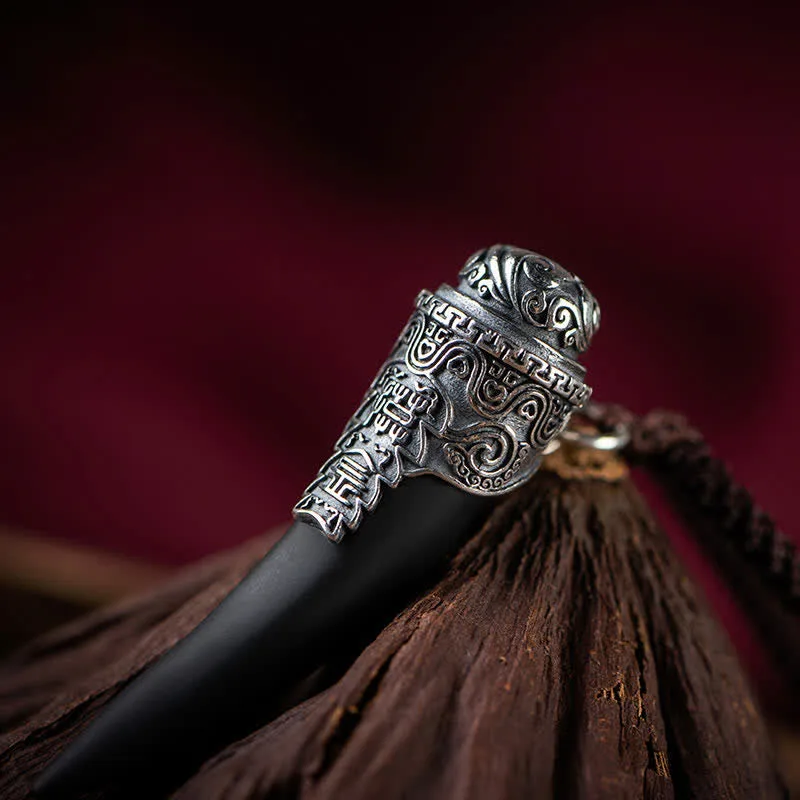 Mythstone 925 Sterling Silver Black Obsidian Wolf Tooth Pattern Strength Necklace Pendant - Image 7