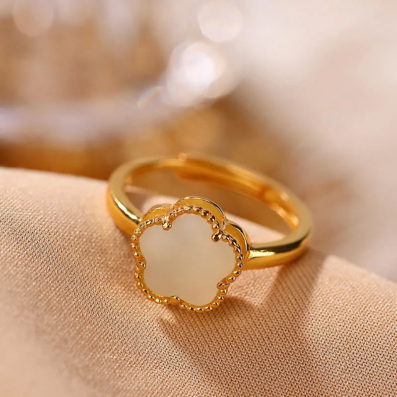 Mythstone 925 Sterling Silver Plated Gold Natural Hetian Jade Flower Luck Necklace Pendant Ring Set - Image 5