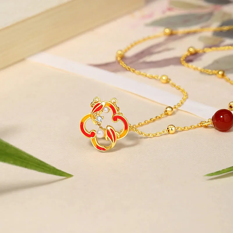 Mythstone - 925 Sterling Silver Four Leaf Clover Koi Fish Red Agate Pearl Wealth Bracelet Necklace Pendant Earrings Set - Image 4