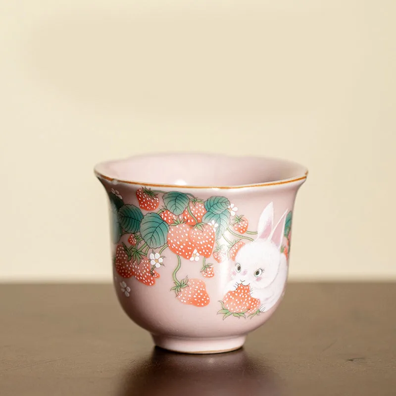 Mythstone Cute Strawberry Rabbit Flower Ceramic Teacup Kung Fu Tea Cup 55ml - Image 3