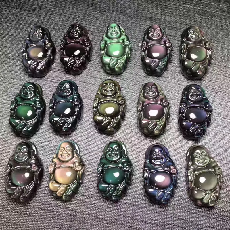 Natural Rainbow Obsidian Laughing Buddha Inner Peace Necklace Pendant - Image 13