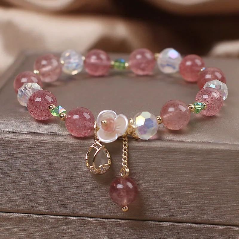 Mythstone Strawberry Quartz Rutilated Quartz Fluorite Flower Healing Bracelet - Image 2