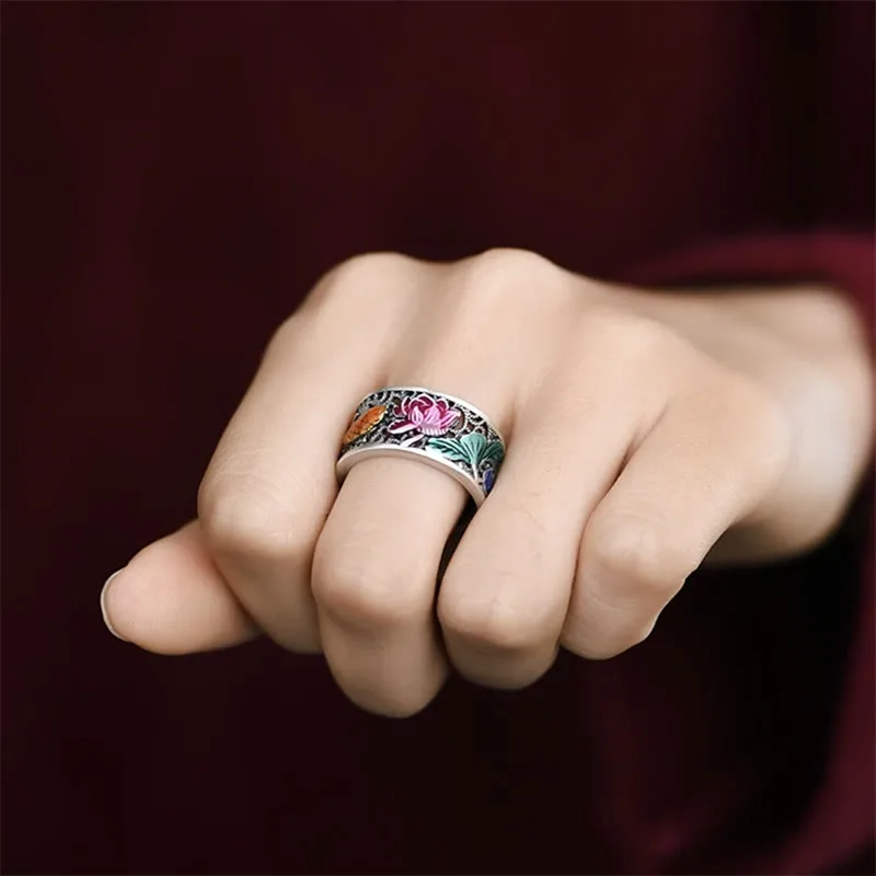 Mythstone - Copper Blue Enamel Lotus Heart Sutra Koi Fish Luck Ring - Image 5