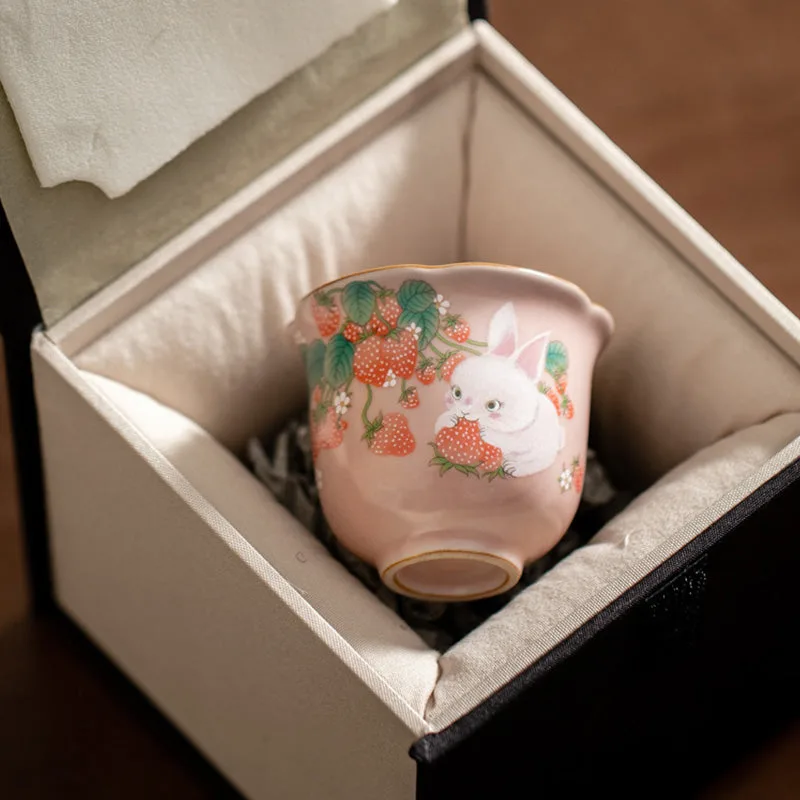 Mythstone Cute Strawberry Rabbit Flower Ceramic Teacup Kung Fu Tea Cup 55ml - Image 2