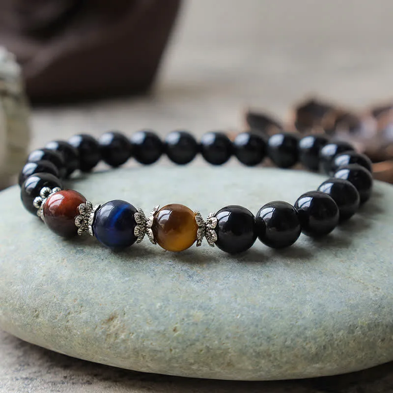 Natural Black Obsidian Tricolor Tiger Eye Strength Bracelet - Image 3