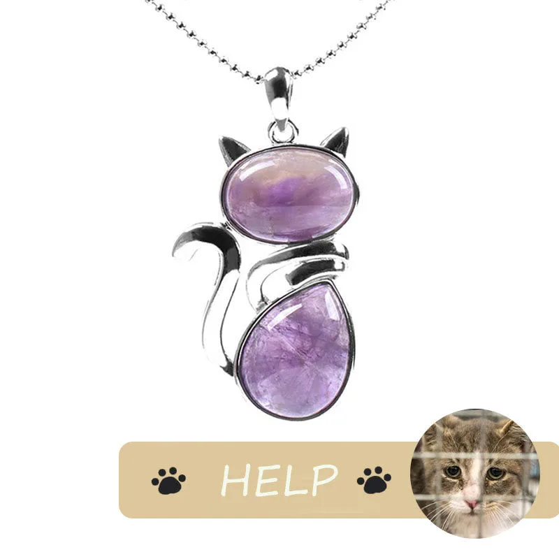 "Save A Cat" Cute Cat Pattern Natural Crystal Protection Cat-Loving Pendant Necklace - Image 4