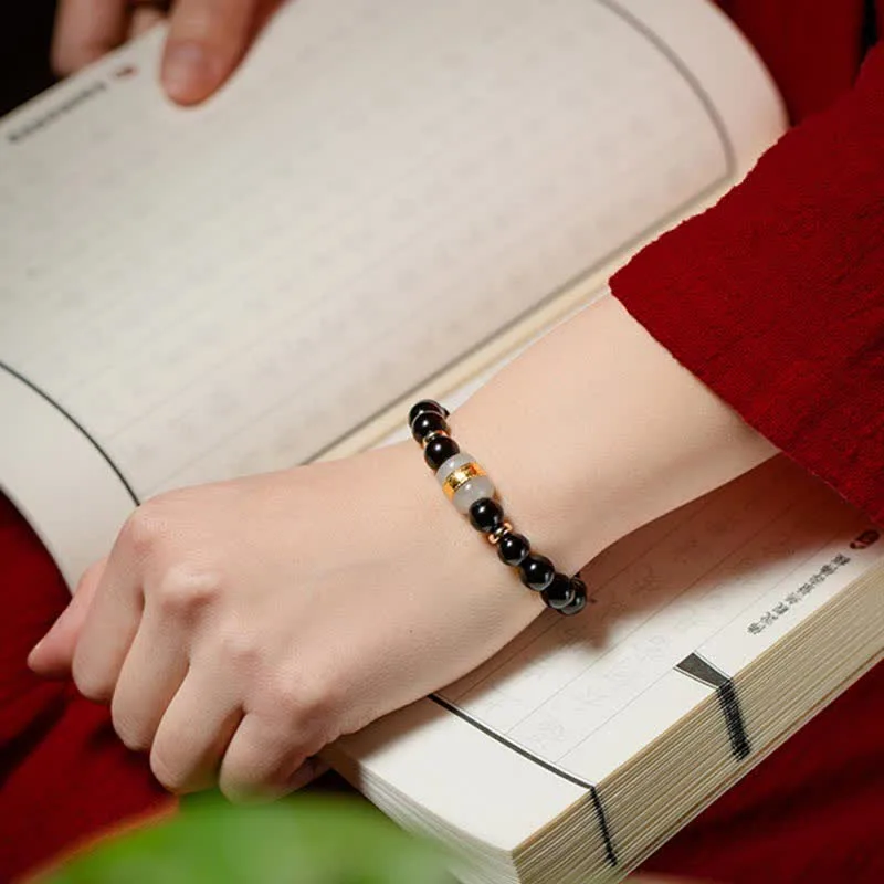 Mythstone Black Obsidian Jade Om Mani Padme Hum Strength Couple Magnetic Bracelet - Image 5