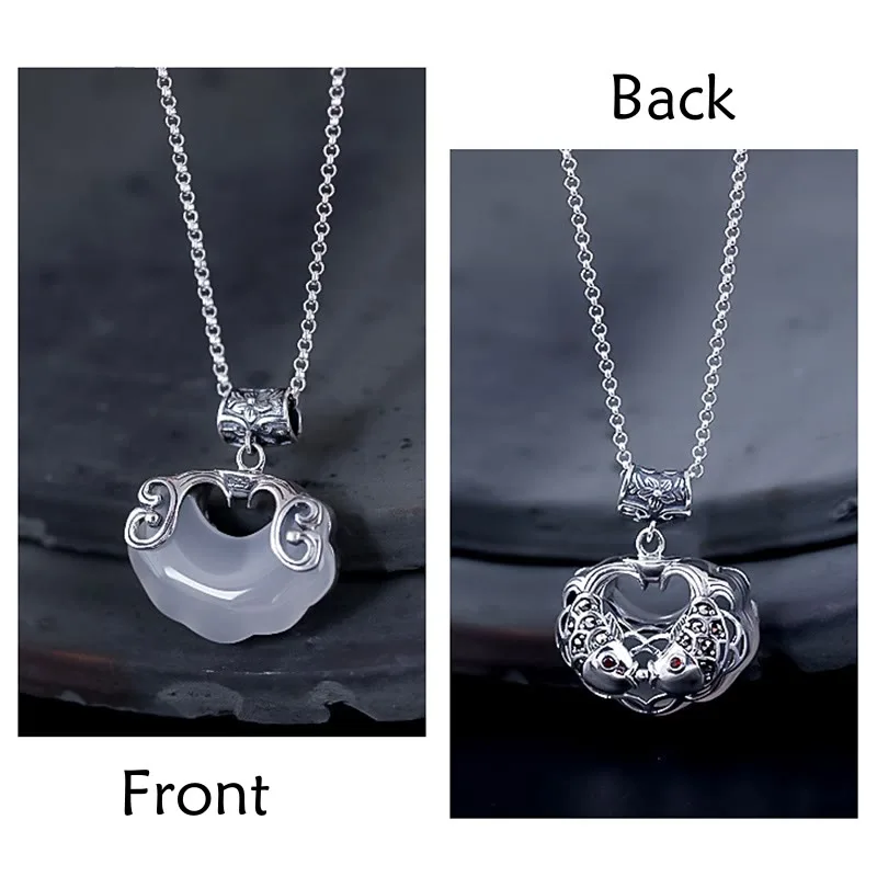 Mythstone - 925 Sterling Silver Natural Chalcedony Lock of Good Wishes Koi Fish Luck Necklace Pendant - Image 5
