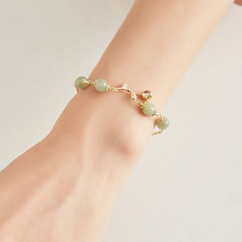 Mythstone 14K Gold Plated Hetian Jade Golden Rose Flower Luck Chain Bracelet - Image 10