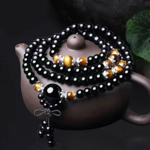 MythStone 108-Bead Natural Black Obsidian & Tiger Eye Mala Bracelet
