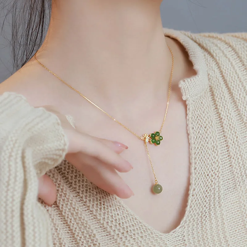 Mythstone 925 Sterling Silver Hetian Cyan Jade Plum Flower Blossom Design Luck Necklace Pendant - Image 8