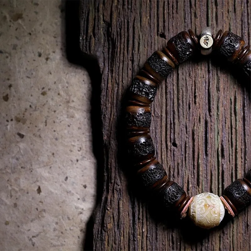 Mythstone 925 Sterling Silver Chinese Zodiac Natal Buddha Handmade Tibet Yak Bone Strength Bracelet - Image 5