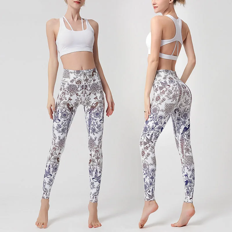 Mythstone Flowers Leaves Birds Print Pants Sports Fitness Yoga Leggings Women's Yoga Pants - Image 21