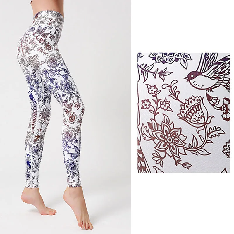 Mythstone Flowers Leaves Birds Print Pants Sports Fitness Yoga Leggings Women's Yoga Pants - Image 23