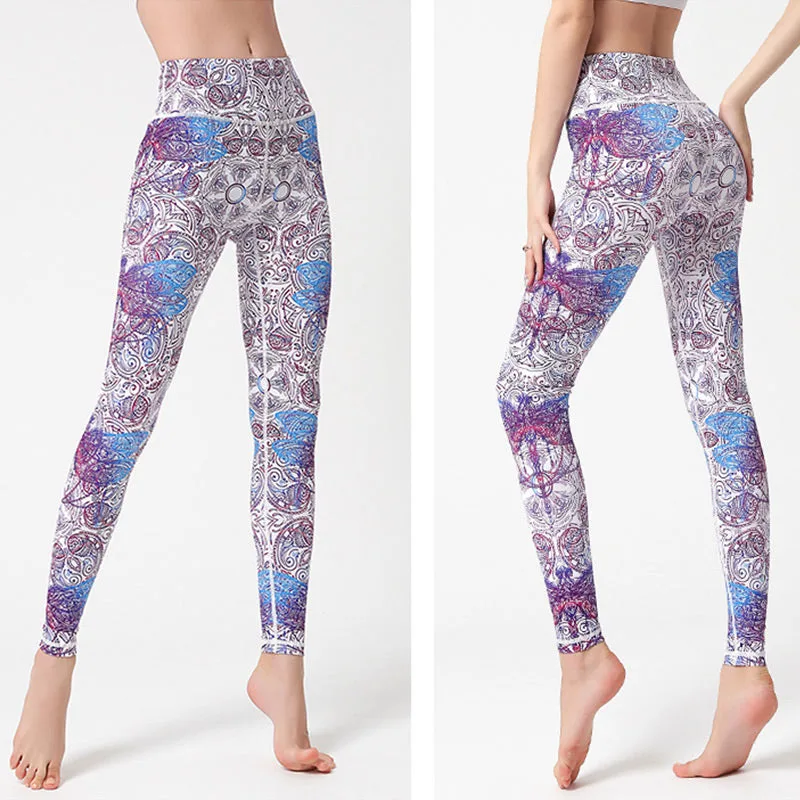 Mythstone Flowers Leaves Birds Print Pants Sports Fitness Yoga Leggings Women's Yoga Pants - Image 4