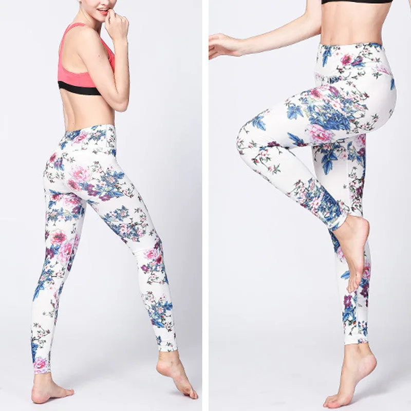 Mythstone Pink Flower White Colorful Ink White Print Leggings Sports Fitness Yoga Women's Pants - Image 3