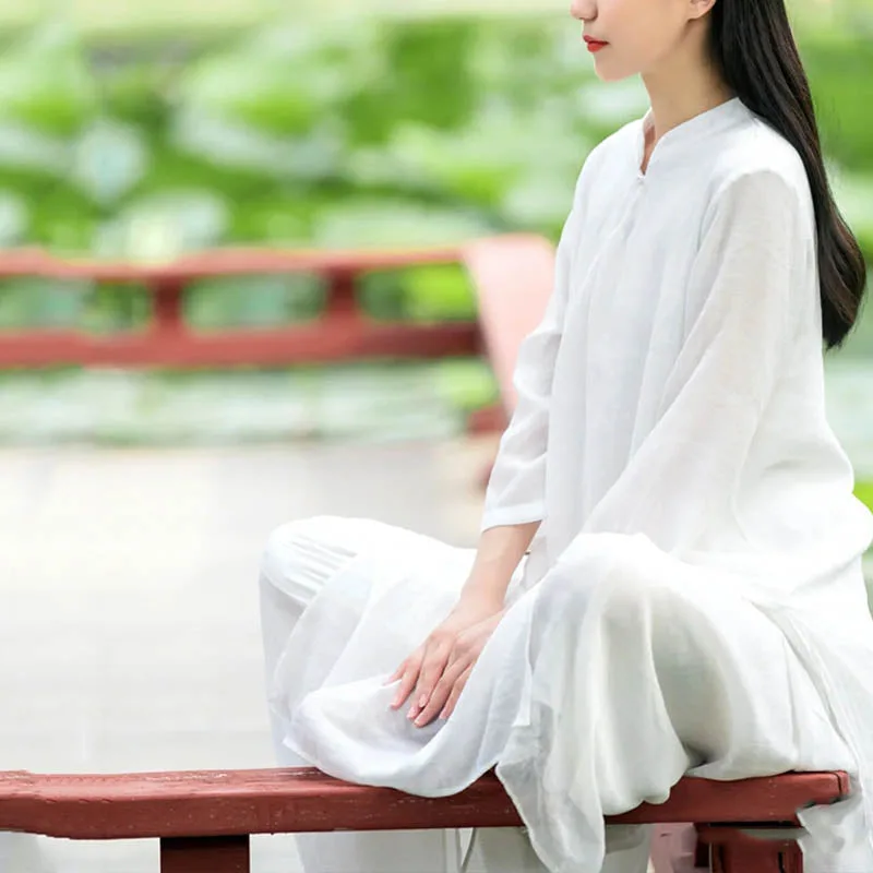 Mythstone 2Pcs White Tai Chi Meditation Yoga Zen Cotton Linen Clothing Top Pants Women's Set - Image 11