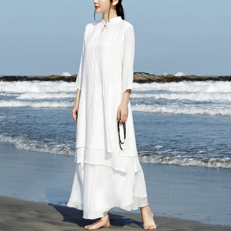 Mythstone 2Pcs White Tai Chi Meditation Yoga Zen Cotton Linen Clothing Top Pants Women's Set - Image 2