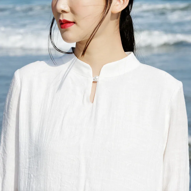 Mythstone 2Pcs White Tai Chi Meditation Yoga Zen Cotton Linen Clothing Top Pants Women's Set - Image 8